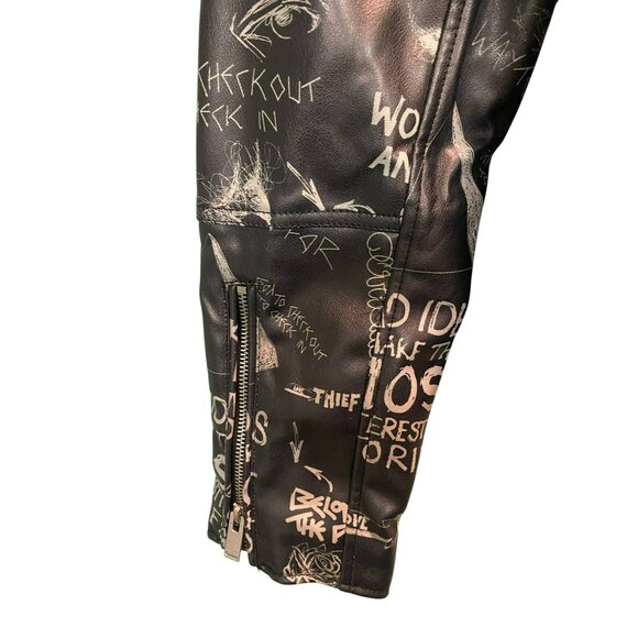 Rare ZARA Womens XL Black Faux Leather Graphic Graffiti Biker Jacket with Zipper - Picture 5 of 11